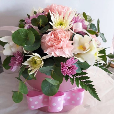Cutie Pie Hatbox Arrangement - A lovely hatbox arrangement, the arrangement pictured was created using pink and white flowers with complimentary foliage.