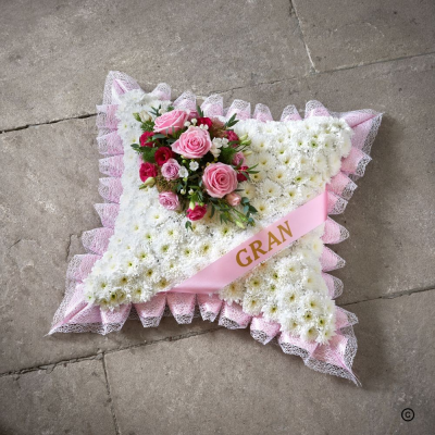 Classic Cushion - The cushion tribute conveys comfort and rest for a loved one.  With delicate lace edging and feminine colouring, it is a perfect choice for a beloved grandmother.