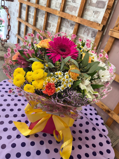Simply Joyful - A cheerful bouquet bursting with vibrant pink, yellow, orange and white tones, handcrafted by Daisy Chain Florist in Scunthorpe.