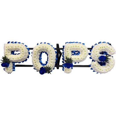 POPS Farewell Tribute - A personalised POPS funeral letter tribute in classic white with rich blue detailing, handcrafted by Daisy Chain Florist in Scunthorpe.