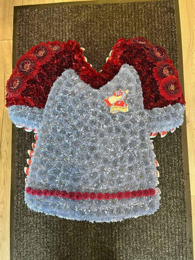 Football Shirt Tribute - A personalised football shirt funeral tribute, handcrafted in the colours and style of your chosen team by Daisy Chain Florist in Scunthorpe.