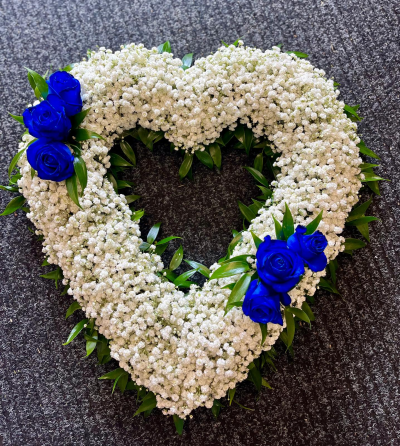 Open Heart funeral tribute loved one mum dad grandma nannie - This delicate heart features a soft white gypsophila base and is finished with a blue rose.  You can change the rose's color to your preferred shade