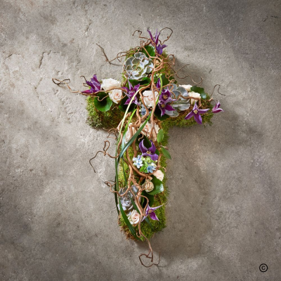 Woodland moss cross funeral tribute - This elegant rustic cross is the perfect way to remember your loved one.  As you remember them, rooted in love and at one with nature.
