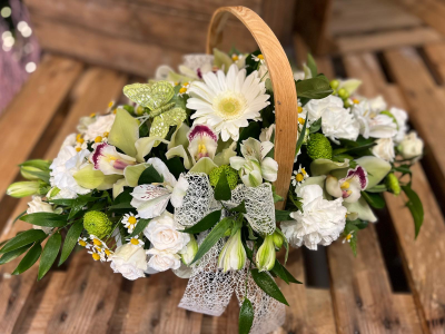Pure sweetness basket arrangement - This classic basket overflows with simple, pure sweetness and calm, featuring a large selection of white flowers. Birthday, anniversary, sympathy, new home